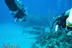 My two boys headed to the wreck of a tug off of Cayman Brac. by Don Bricker 